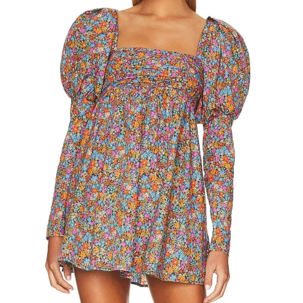For Love & Lemons Brittany Mini Floral Revolve Dress 100% Cotton Puff Shoulder M